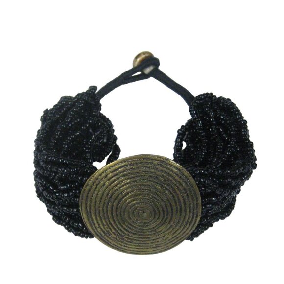 Black Beaded Bracelet Round Brass Spiral Button Closure Boho Hippie Glass - Picture 2 of 9
